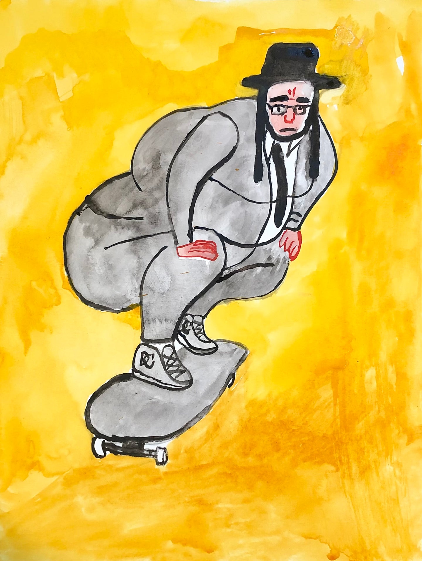 Heavyset Hasidic Man on Skateboard