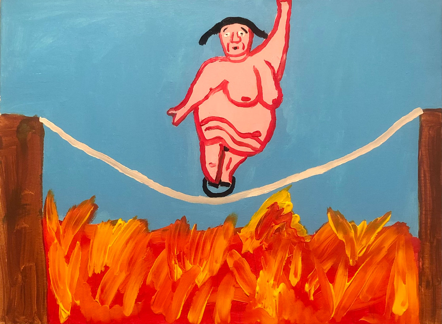 Fat Woman Rides Unicycle Across Loose Tightrope