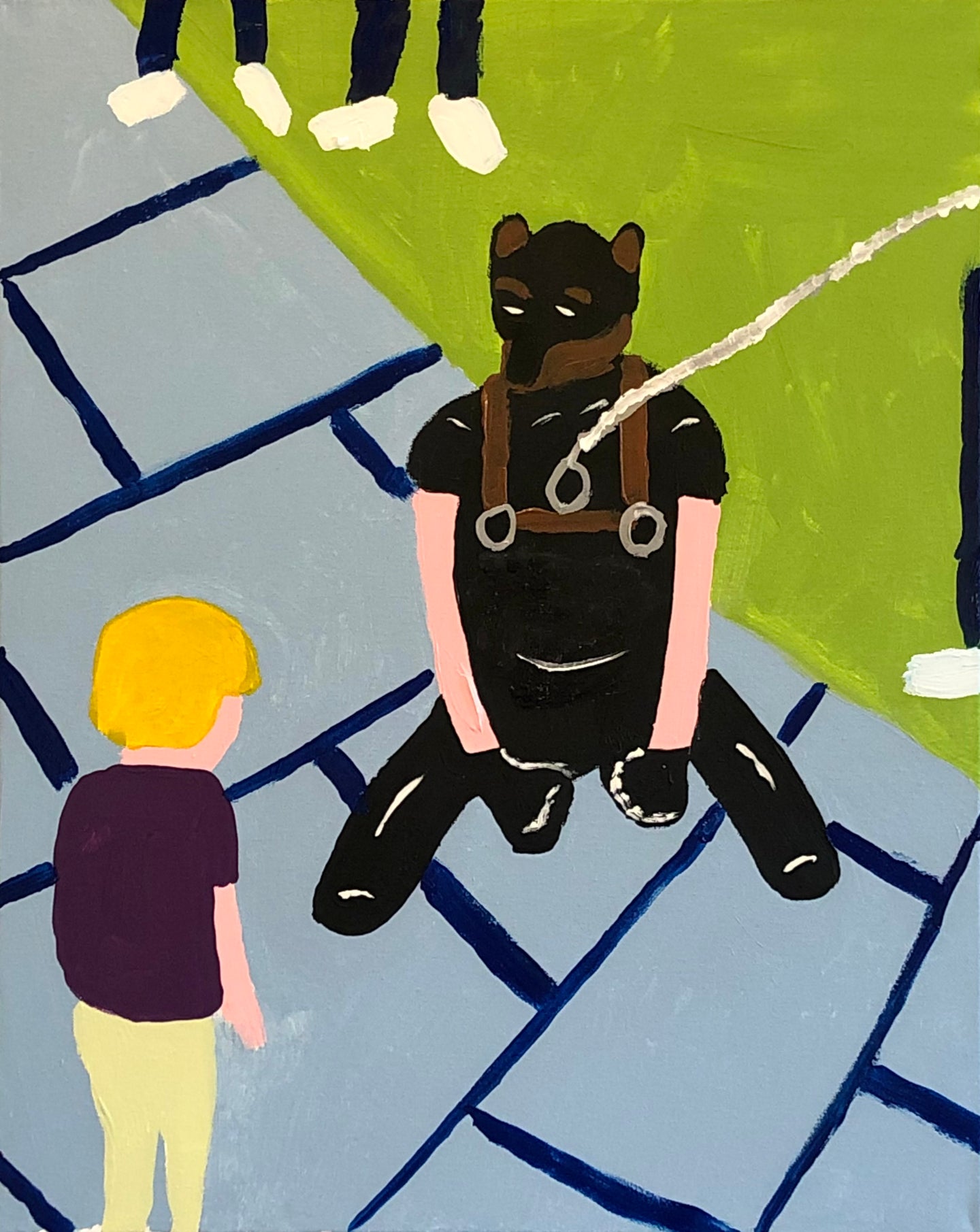 Leather Puppy on Leash in Front of Child