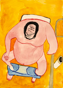 Overhead View of One Armed Big Bellied Man on Toilet